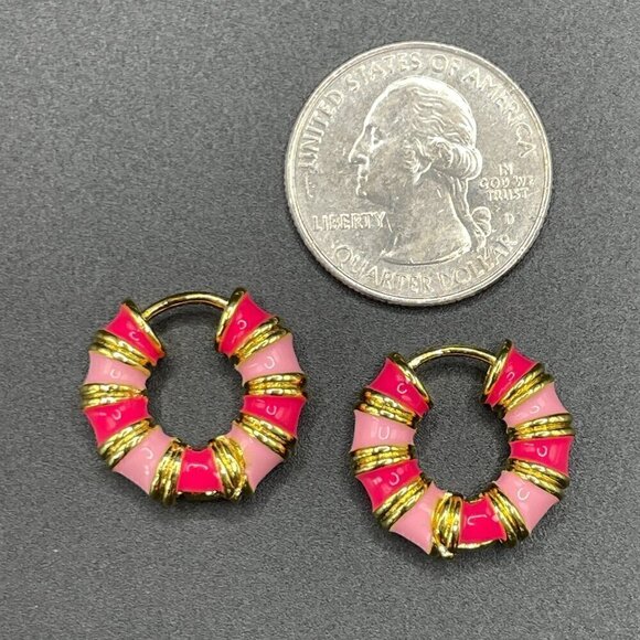 Pink Enamel Huggie Earrnings Medium Hoop #1344 - Picture 5 of 6